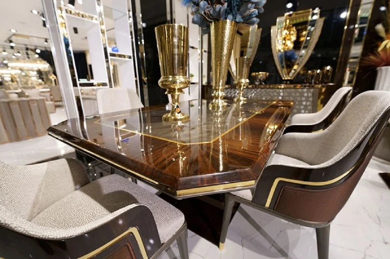 Casa Padrino Luxus Esstisch Grau / Braun / Gold 226 x 112 x H. 70 cm - Rechteckiger Massivholz Küchentisch - Esszimmer Möbel - Luxus Möbel - Luxus Kollektion