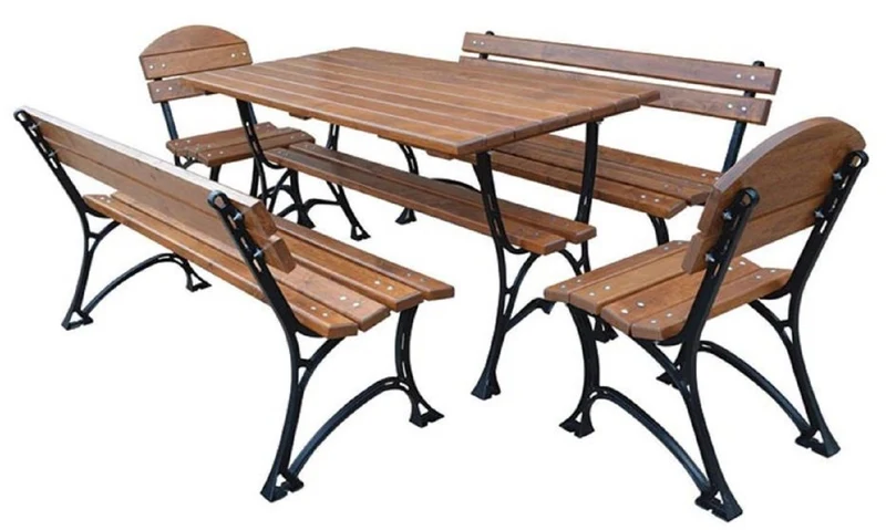 Casa Padrino Jugendstil Gartenmöbel Set Braun / Schwarz - 1 Tisch & 2 Sitzbänke & 2 Stühle - Garten & Gastronomie Möbel Massivholz
