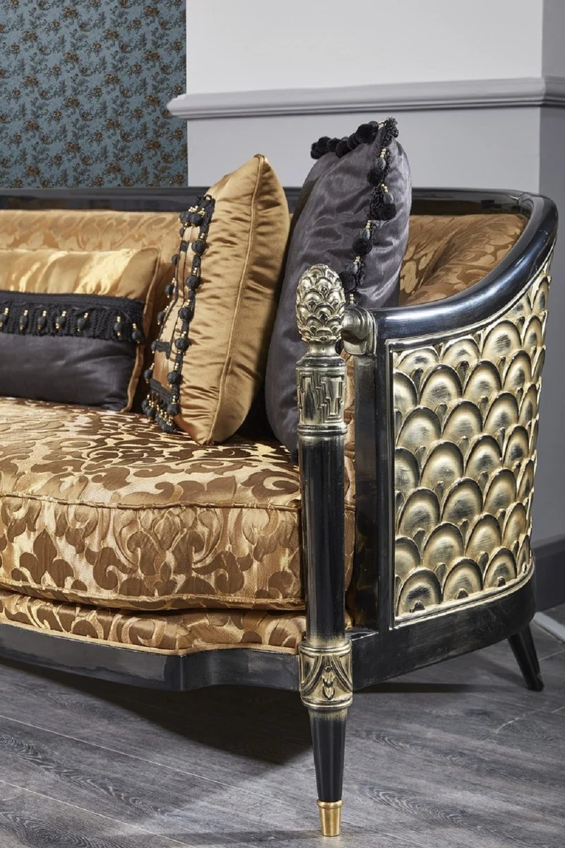 Casa Padrino Luxus Barock Wohnzimmer Set Gold / Schwarz - 2 Sofas & 2 Sessel & 1 Couchtisch & 2 Beistelltische - Prunkvolle Barock Möbel - Luxus Qualität