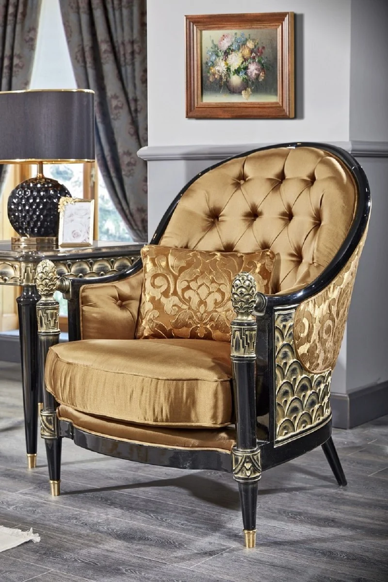 Casa Padrino Luxus Barock Wohnzimmer Set Gold / Schwarz - 2 Sofas & 2 Sessel & 1 Couchtisch & 2 Beistelltische - Prunkvolle Barock Möbel - Luxus Qualität