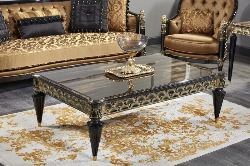 Casa Padrino Luxus Barock Wohnzimmer Set Gold / Schwarz - 2 Sofas & 2 Sessel & 1 Couchtisch & 2 Beistelltische - Prunkvolle Barock Möbel - Luxus Qualität