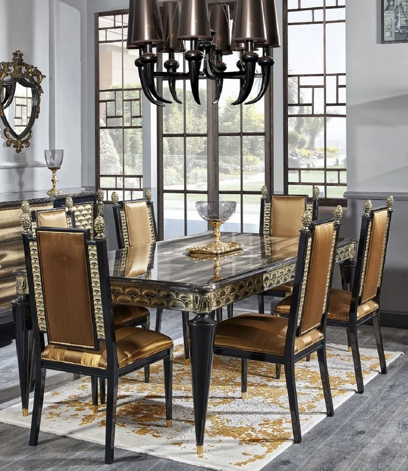 Casa Padrino Luxus Barock Esstisch Gold / Schwarz - Handgefertigter Massivholz Esszimmertisch - Barock Esszimmer Möbel - Edel & Prunkvoll