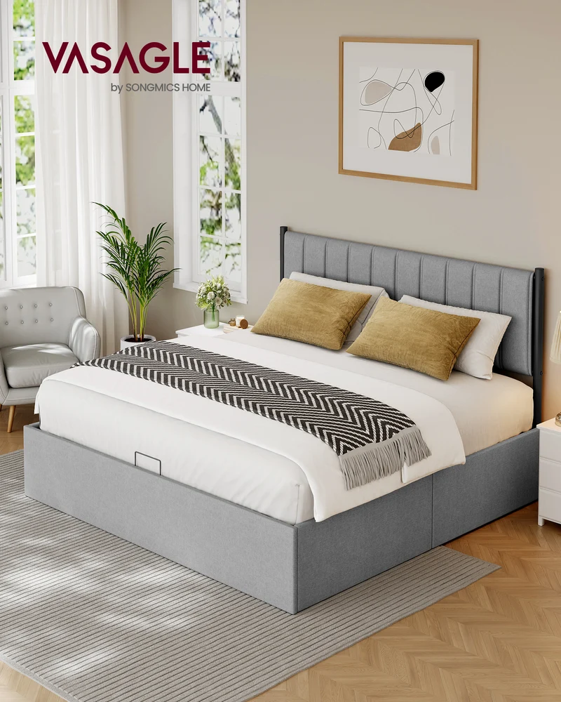 King Size Hydraulic Storage Bed Frame with Upholstered Headboard, 1100 lb Capacity, Underbed Lift-Up Design, No Box Spring Needed, Dove Gray