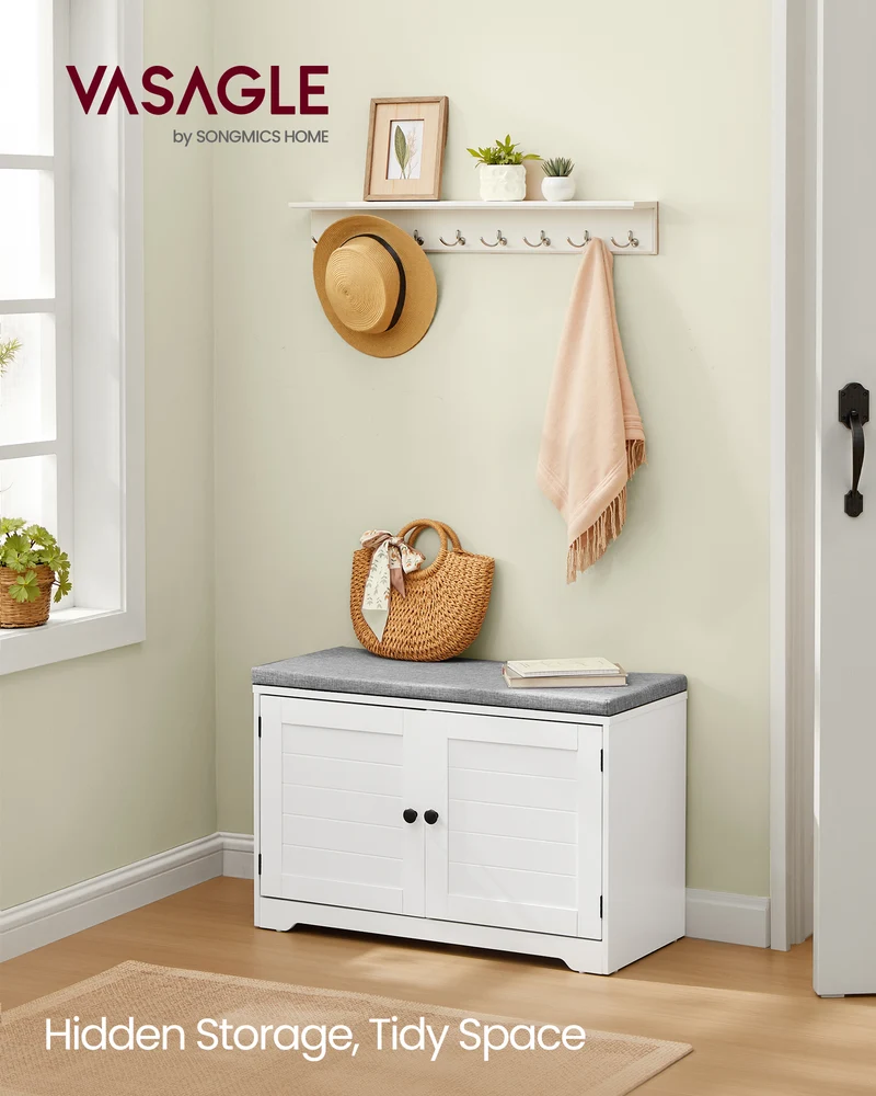 3-Tier Shoe Storage Bench with Cushion, 31.9 Inch Entryway Seat with Adjustable Shelves and Doors, Cloud White