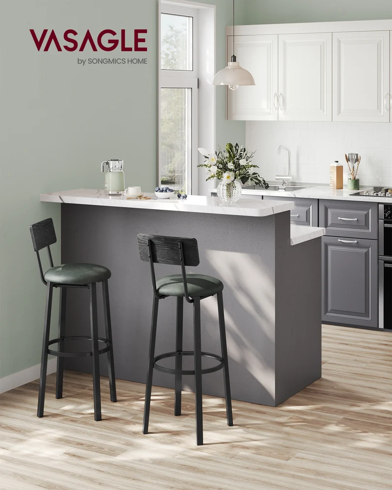 VASAGLE 2 Pack Bar Stools, PU Upholstered Breakfast Stools, 29.7'' Barstools with Back and Footrest