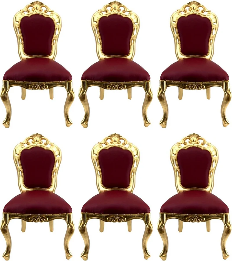 Casa Padrino Luxus Barock Esszimmerstuhl Set Bordeauxrot / Gold - 6 handgefertigte Esszimmerstühle mit Lederoptik - Barock Esszimmer Möbel