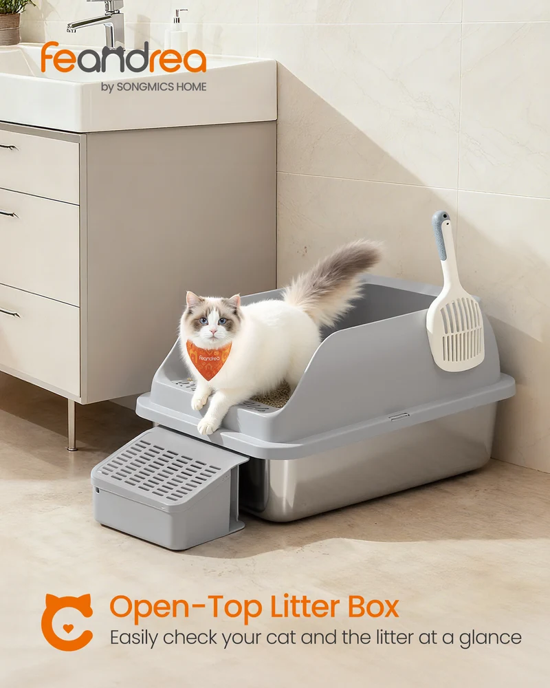Stainless Steel Cat Litter Box, High-Sided Open Top Litter Tray with Step & Scoop, for Cats up to 33 lb, Slate Gray