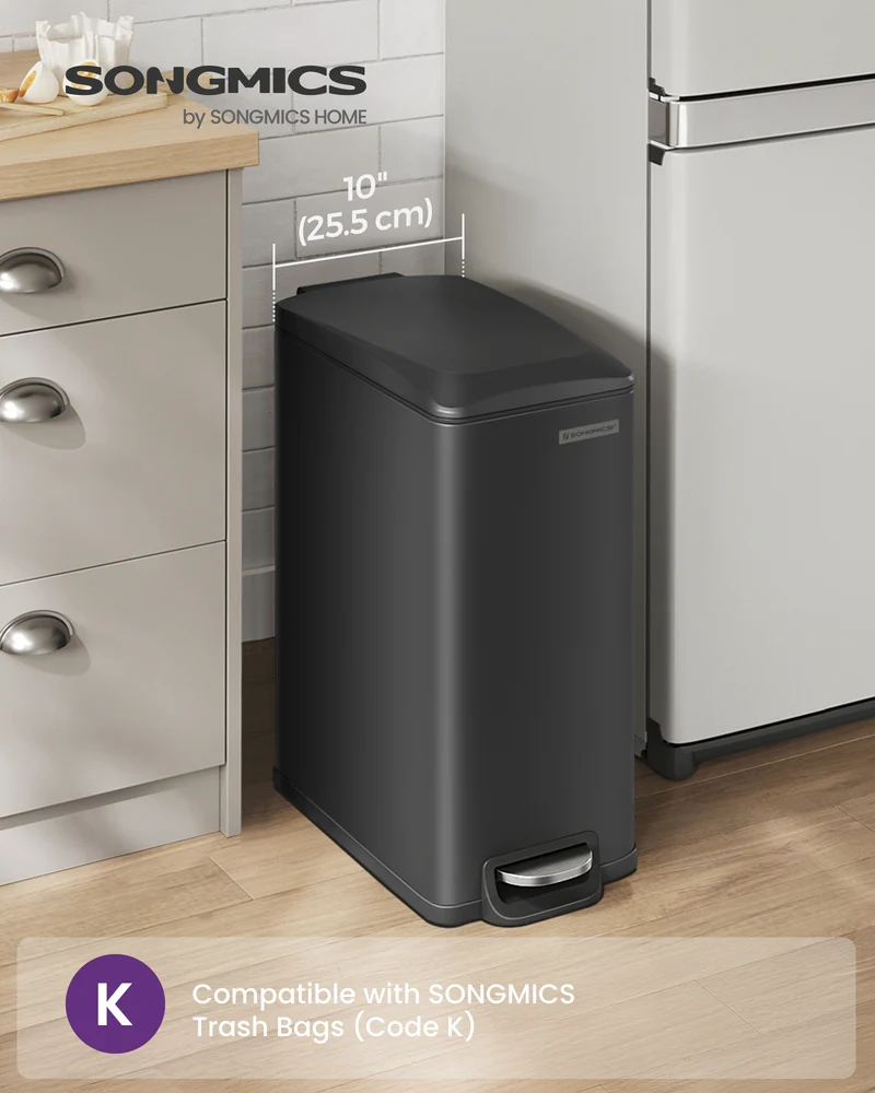 Slim Trash Can, 12.7 Gallon Garbage Can for Narrow Spaces with Soft-Close Lid, Black