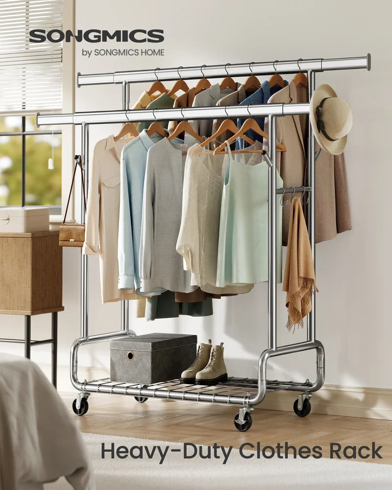 Heavy-Duty Rolling Garment Rack with Extendable Double Hanging Rods, 594 lb Capacity, Adjustable 3-Height with Shelf, Mobile Storage Organizer, Silver