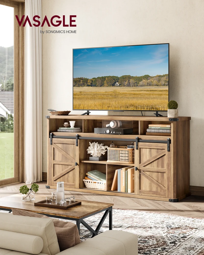 VASAGLE TV Stand for TVs up to 65 Inches, Farmhouse Entertainment Center with Sliding Barn Doors, TV Console Table Honey Brown