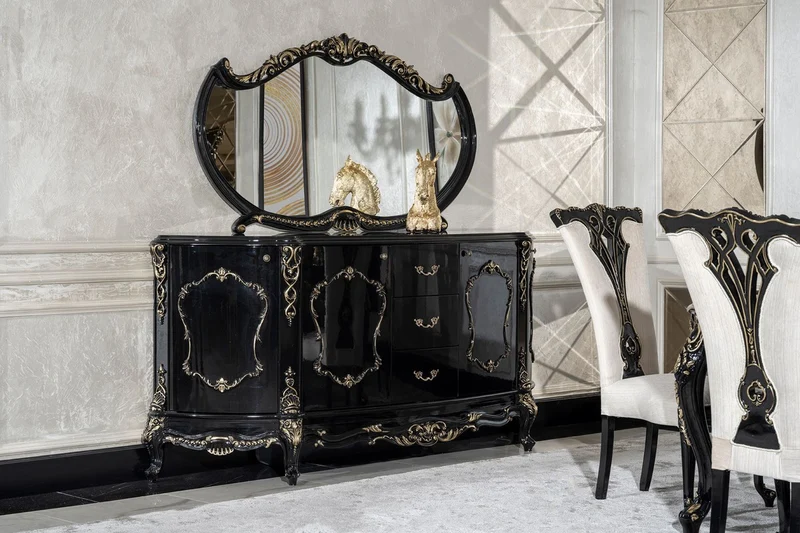 Casa Padrino Luxus Barock Sideboard mit Spiegel Schwarz / Gold - Luxus Möbel Möbel im Barockstil - Barock Möbel - Barock Einrichtung - Edel & Prunkvoll