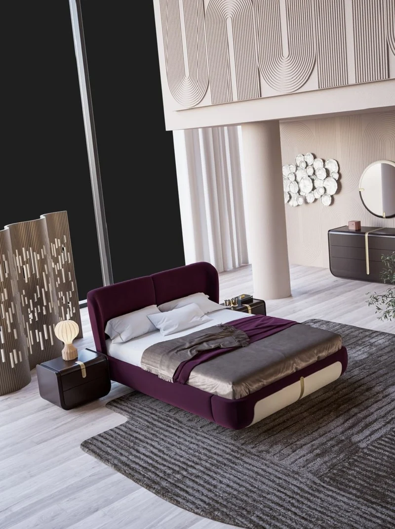 Casa Padrino Luxus Doppelbett Lila / Creme / Beige 207 x 225 x H. 110 cm - Massivholz Bett - Schlafzimmer Möbel - Hotel Möbel - Luxus Möbel - Luxus Einrichtung