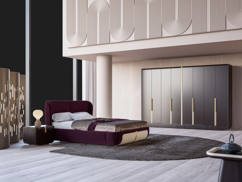 Casa Padrino Luxus Doppelbett Lila / Creme / Beige 207 x 225 x H. 110 cm - Massivholz Bett - Schlafzimmer Möbel - Hotel Möbel - Luxus Möbel - Luxus Einrichtung