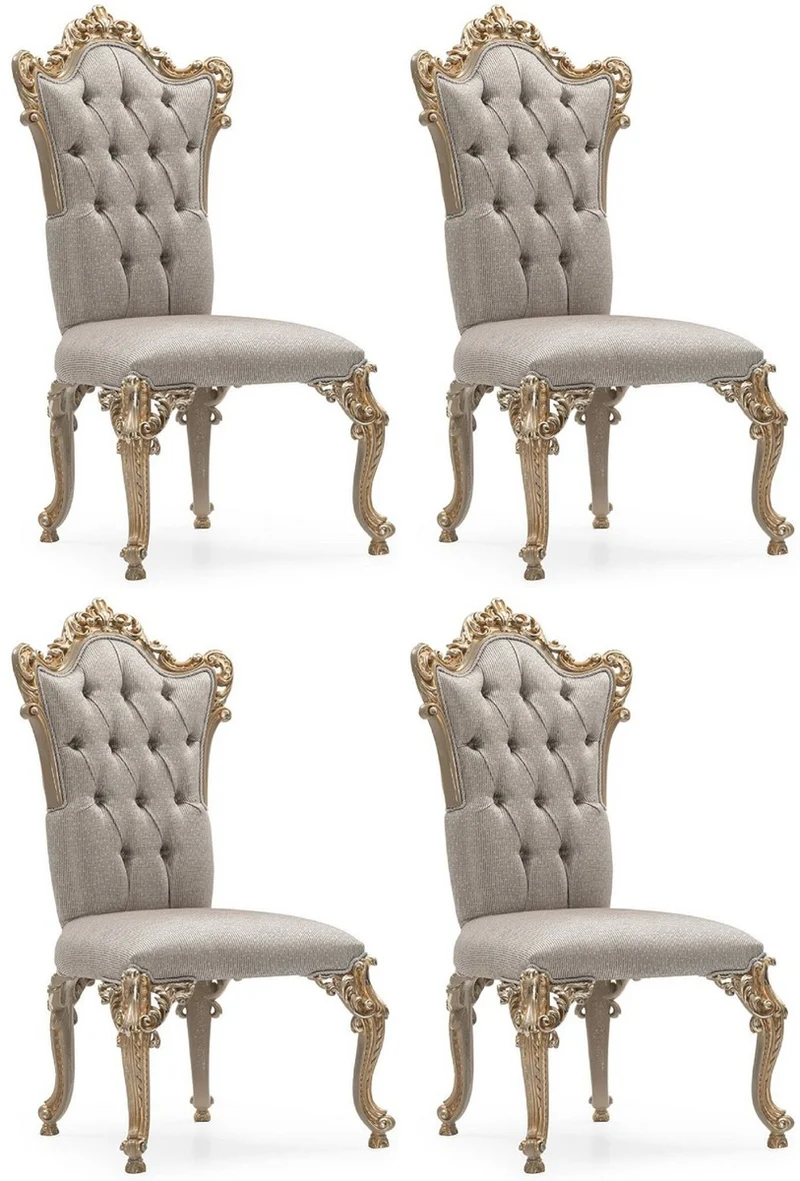 Casa Padrino Luxus Barock Esszimmer Stuhl 4er Set Silber / Grau / Gold - Prunkvolle Barockstil Küchen Stühle - Luxus Esszimmer Möbel im Barockstil - Barock Esszimmer Möbel - Barockstil Möbel