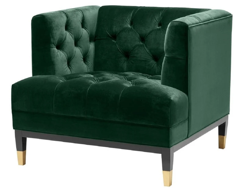 Casa Padrino Luxus Wohnzimmer Sessel Grün / Schwarz / Messingfarben 93 x 85 x H. 79 cm - Chesterfield Möbel
