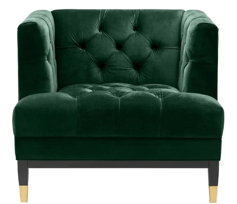 Casa Padrino Luxus Wohnzimmer Sessel Grün / Schwarz / Messingfarben 93 x 85 x H. 79 cm - Chesterfield Möbel