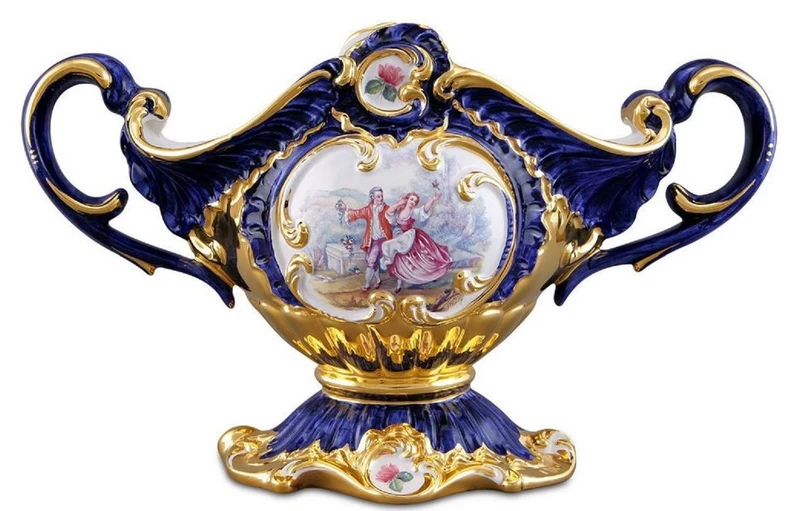 Casa Padrino Barock Schüssel Blau / Gold / Mehrfarbig 46 x 22 x H. 29 cm - Handbemalte Keramik Schüssel mit romantischem Motiv