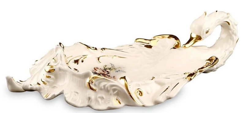Casa Padrino Barock Serviertablett Schwan mit Blumen Elfenbeinfarben / Gold / Mehrfarbig 54 x 30 x H. 16 cm - Handbemaltes Keramik Tablett im Barockstil