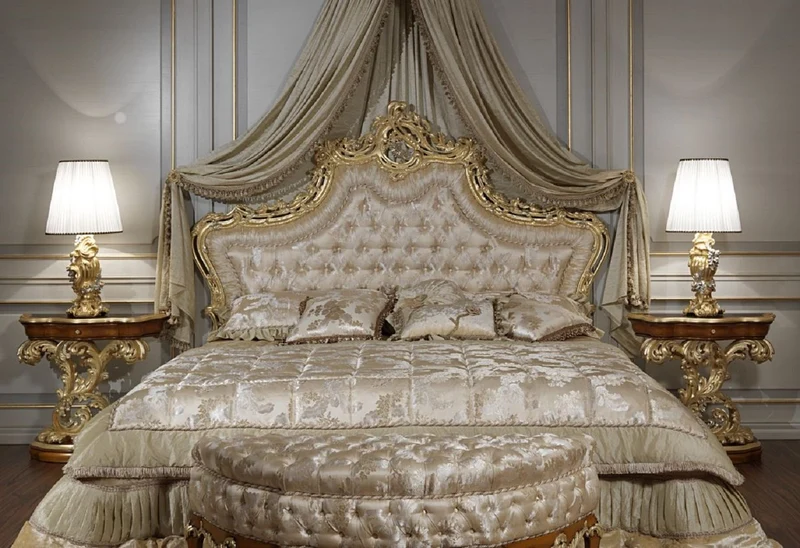 Casa Padrino Luxus Barock Schlafzimmer Set - 1 Doppelbett mit Kopfteil & 1 Baldachin & 2 Nachttische & 1 Sitzbank - Barock Schlafzimmer Möbel - Barock Hotel Möbel - Edel & Prunkvoll