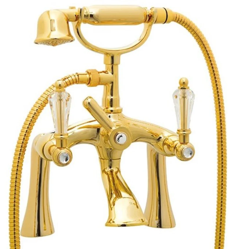 Casa Padrino Luxus Jugendstil Badewannenarmatur mit Swarovski Kristallglas Gold - Badewannen Armatur mit Handbrause - Nostalgisches Badezimmer Zubehör