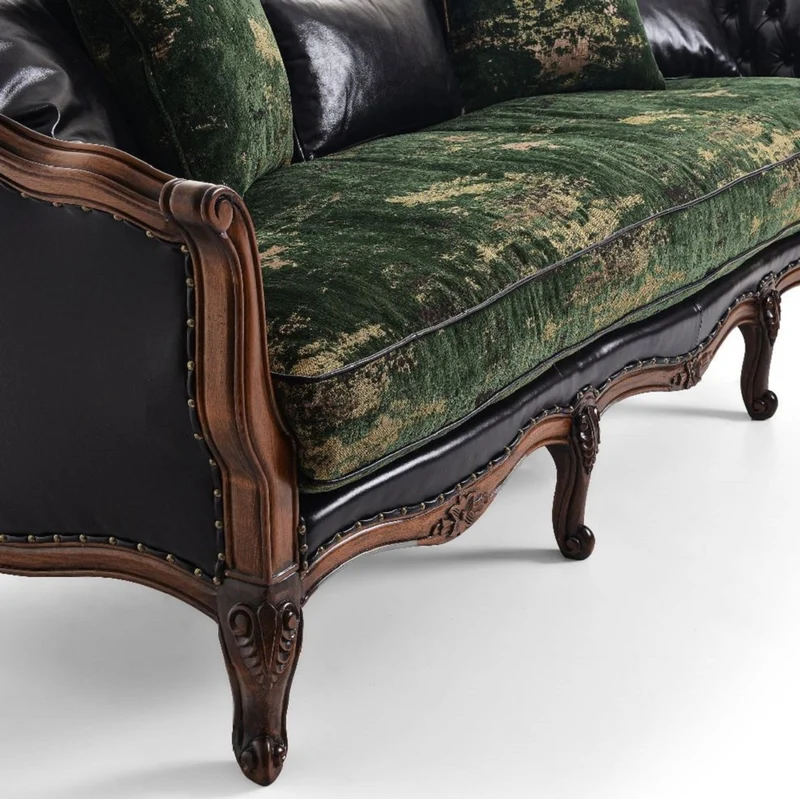 Casa Padrino Luxus Barock Leder Sofa Schwarz / Grün / Braun - Prunkvolles Wohnzimmer Sofa mit hochwertigem Echtleder - Luxus Wohnzimmer Möbel im Barockstil - Barock Möbel - Edel & Prunkvoll