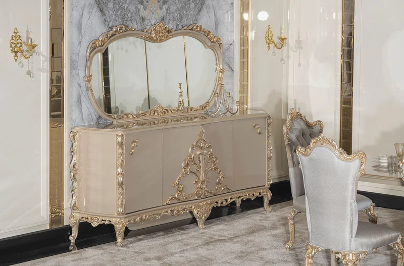 Casa Padrino Luxus Barock Sideboard mit Spiegel Grau / Gold - Luxus Möbel Möbel im Barockstil - Barock Möbel - Barock Einrichtung - Edel & Prunkvoll