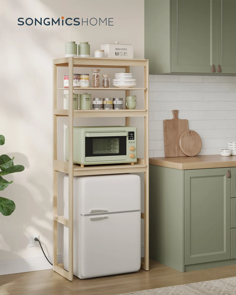Kitchen Bakers Rack with Power Outlet, 4-Tier Coffee Bar Table with Adjustable Shelf, Mini Fridge Shelf, 15.7 x 23.6 x 66.9 Inches, Natural Beige