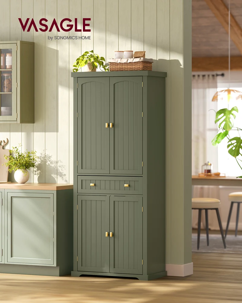 Farmhouse Pantry Cabinet, 71.7" Tall Freestanding Storage with Beadboard Doors, Drawer, 6 Adjustable Shelves, Wall Anchor Kit, Forest Green