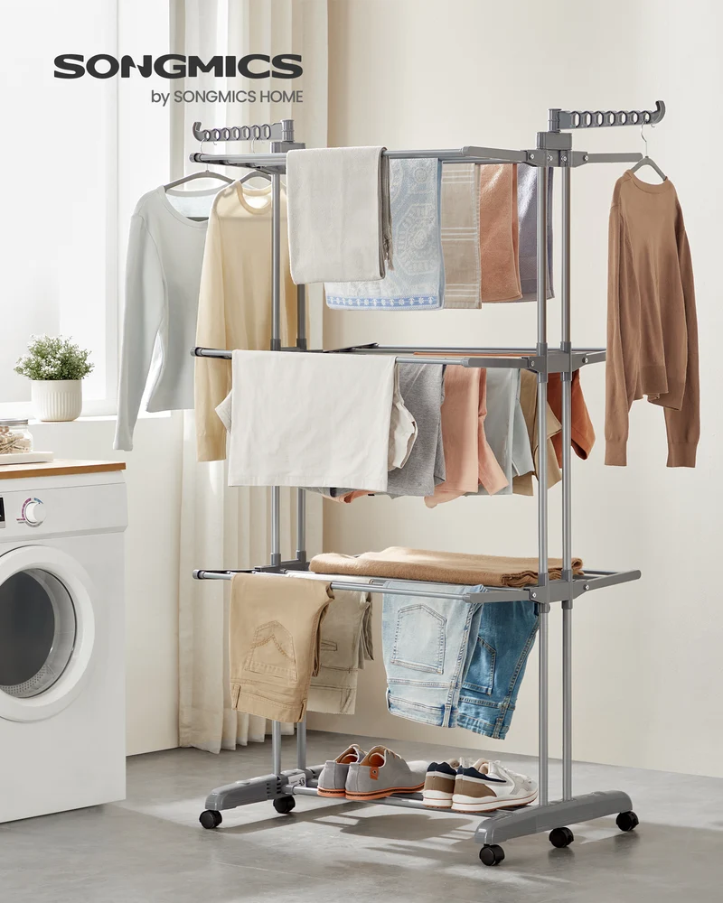 4 - Tier Foldable Stainless Steel Clothes Drying Rack, 68.1" Tall, Rolling, for Indoor/Outdoor Use, Dove Gray