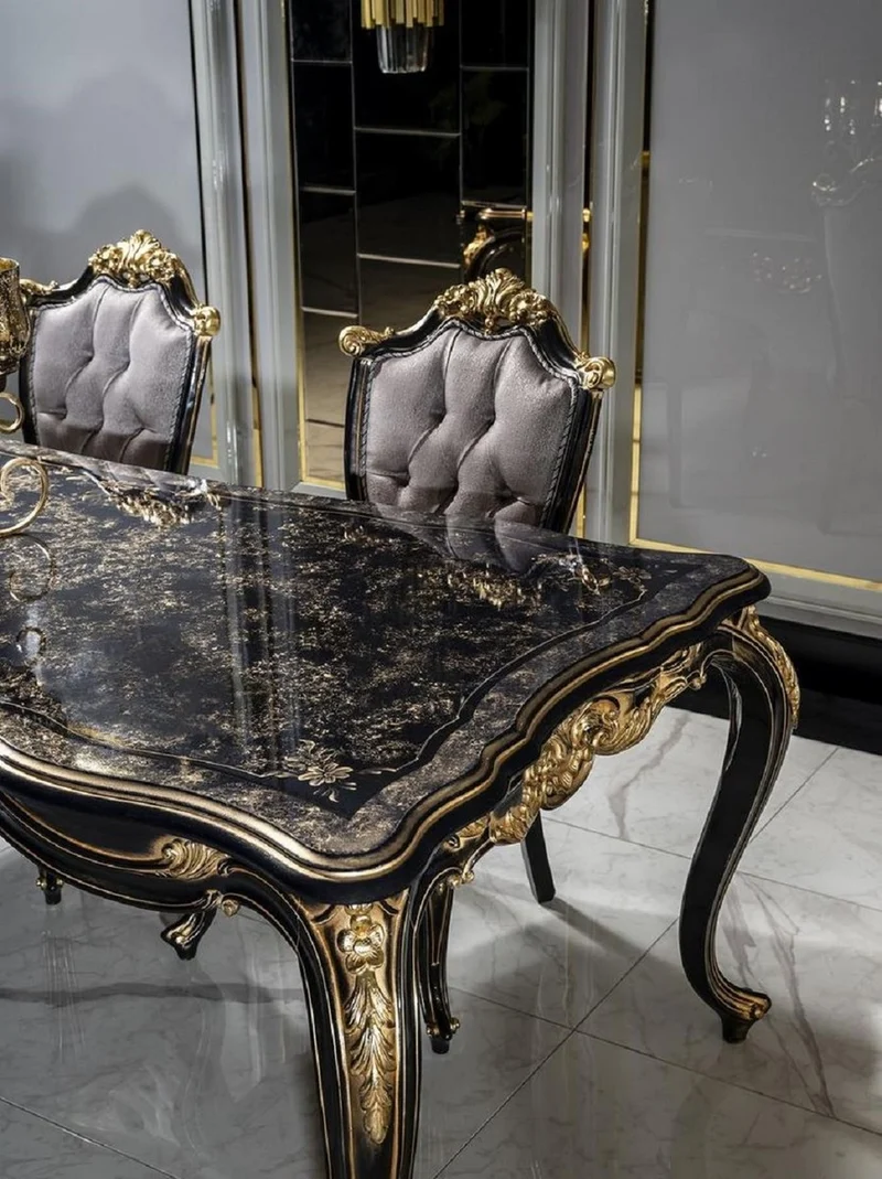 Casa Padrino Luxus Barock Esstisch Schwarz / Gold - Edler Massivholz Esszimmertisch - Barock Esszimmer Möbel - Edel & Prunkvoll Interior