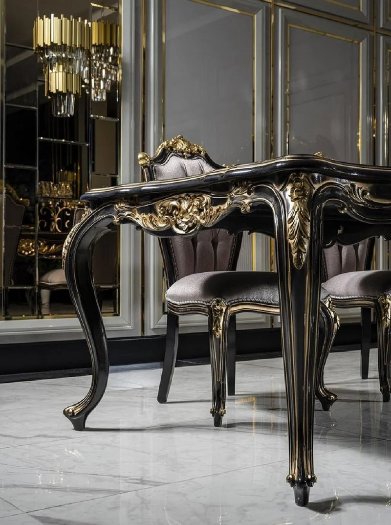 Casa Padrino Luxus Barock Esstisch Schwarz / Gold - Edler Massivholz Esszimmertisch - Barock Esszimmer Möbel - Edel & Prunkvoll Interior