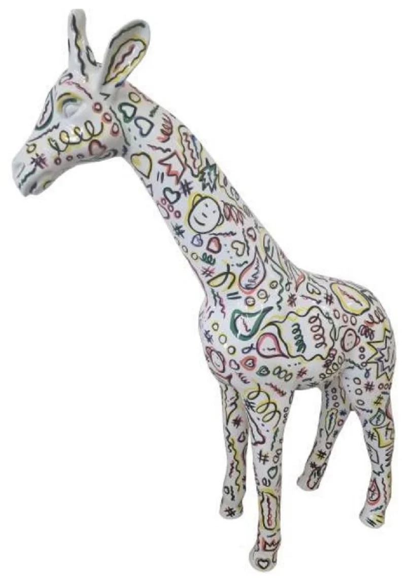 Casa Padrino Luxus Deko Skulptur Giraffe Weiß / Mehrfarbig H. 115 cm - Große Deko Figur - XXL Deko Skulptur - XXL Deko Figur - XXL Tierfigur - Wohnzimmer Deko - Garten Deko - Deko XXL Figuren