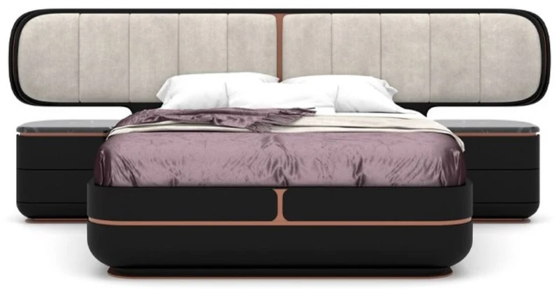 Casa Padrino Luxus Schlafzimmer Set Grau / Schwarz / Kupfer - 1 Doppelbett mit Kopfteil & 2 Nachtkommoden - Luxus Schlafzimmer Möbel - Luxus Schlafzimmer Einrichtung