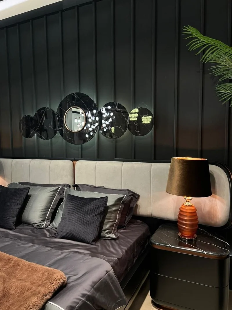 Casa Padrino Luxus Schlafzimmer Set Grau / Schwarz / Kupfer - 1 Doppelbett mit Kopfteil & 2 Nachtkommoden - Luxus Schlafzimmer Möbel - Luxus Schlafzimmer Einrichtung