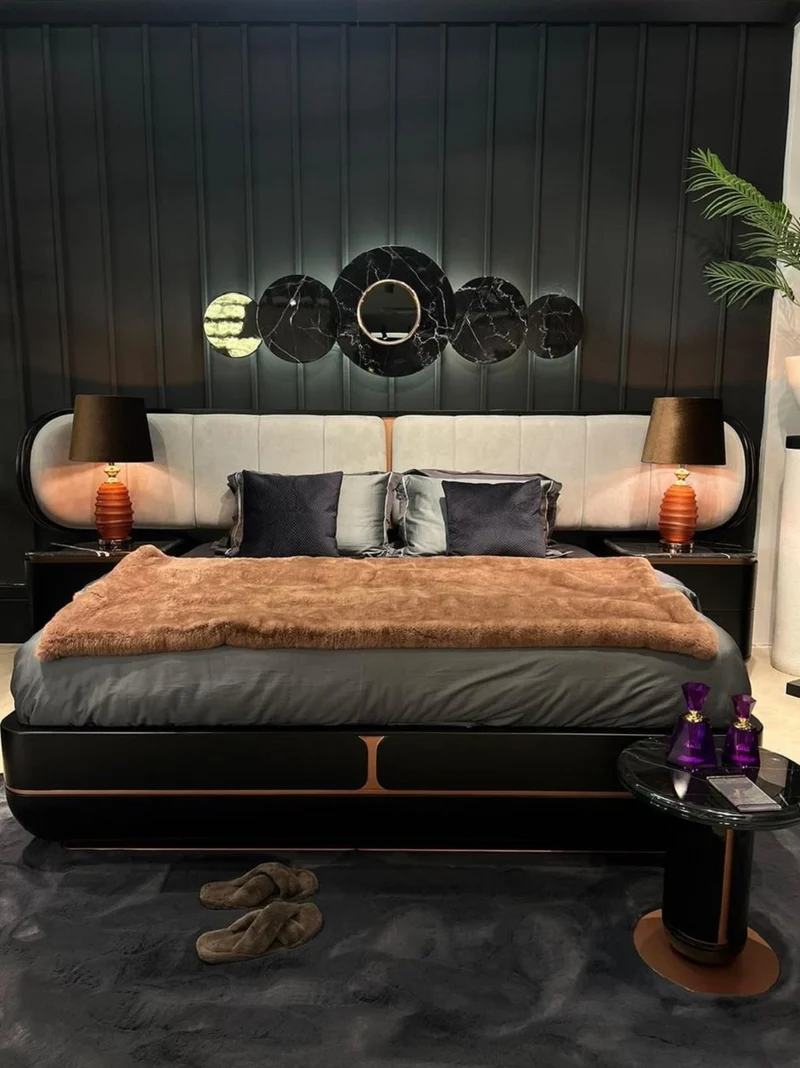 Casa Padrino Luxus Schlafzimmer Set Grau / Schwarz / Kupfer - 1 Doppelbett mit Kopfteil & 2 Nachtkommoden - Luxus Schlafzimmer Möbel - Luxus Schlafzimmer Einrichtung