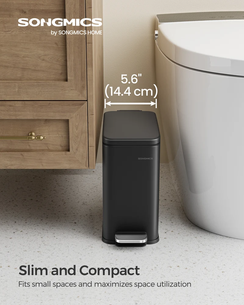 1.3 Gallon (5 L) Bathroom Trash Can, Small Trash Bin with Lid, Slim for Small Spaces, Stainless Steel Garbage Can, Soft Close, Black