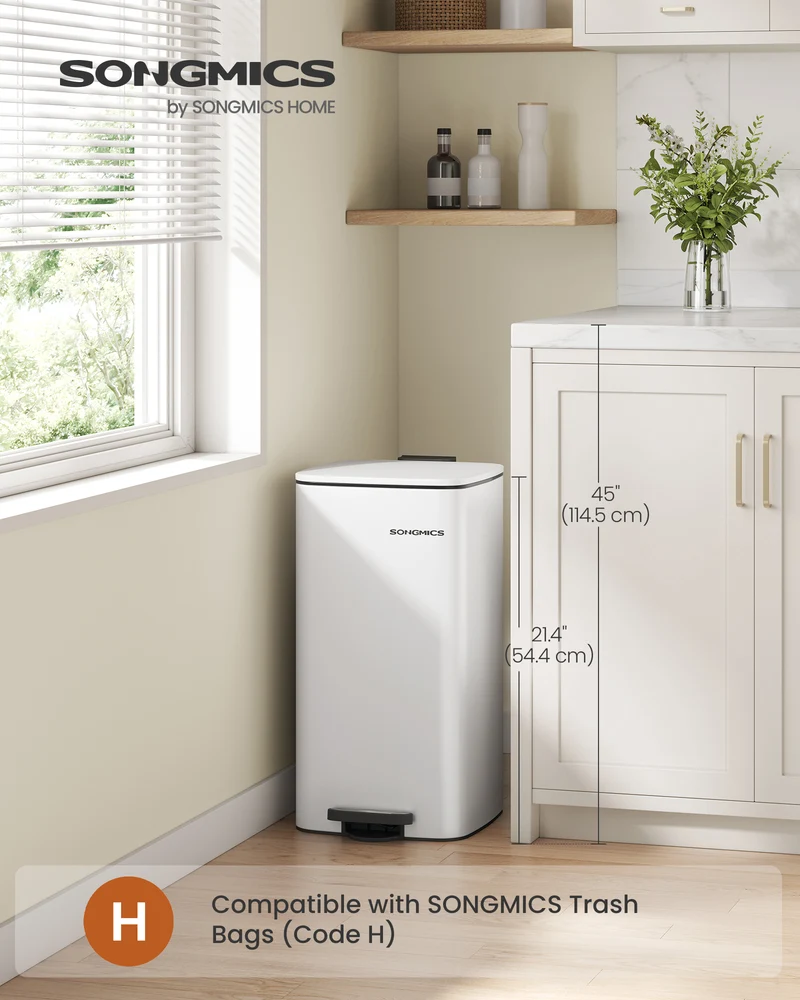 8-Gallon (30 L) Kitchen Trash Can, Trash Bin, Stainless Steel Garbage Can, with Inner Bucket, Soft Close and Stays Open, Cloud White