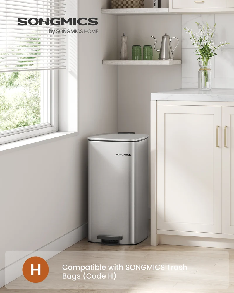 8-Gallon (30 L) Kitchen Trash Can, Trash Bin, Stainless Steel Garbage Can, with Inner Bucket, Soft Close and Stays Open, Metallic Silver