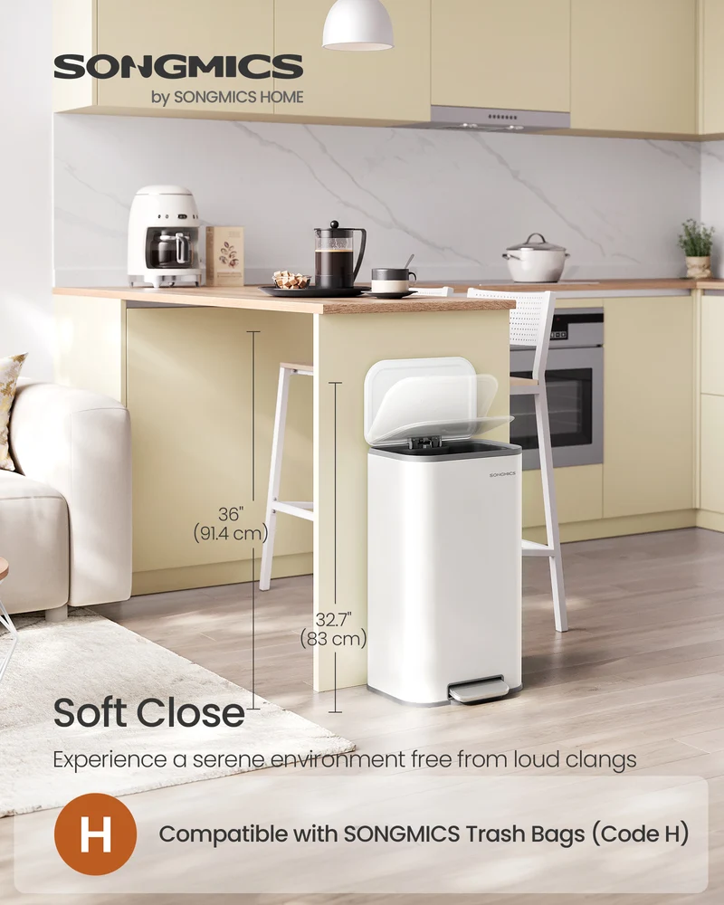 8-Gallon (30L) Stainless Steel Kitchen Trash Bin with Soft Close Lid, Inner Bucket & Non-Slip Pedal, Cloud White