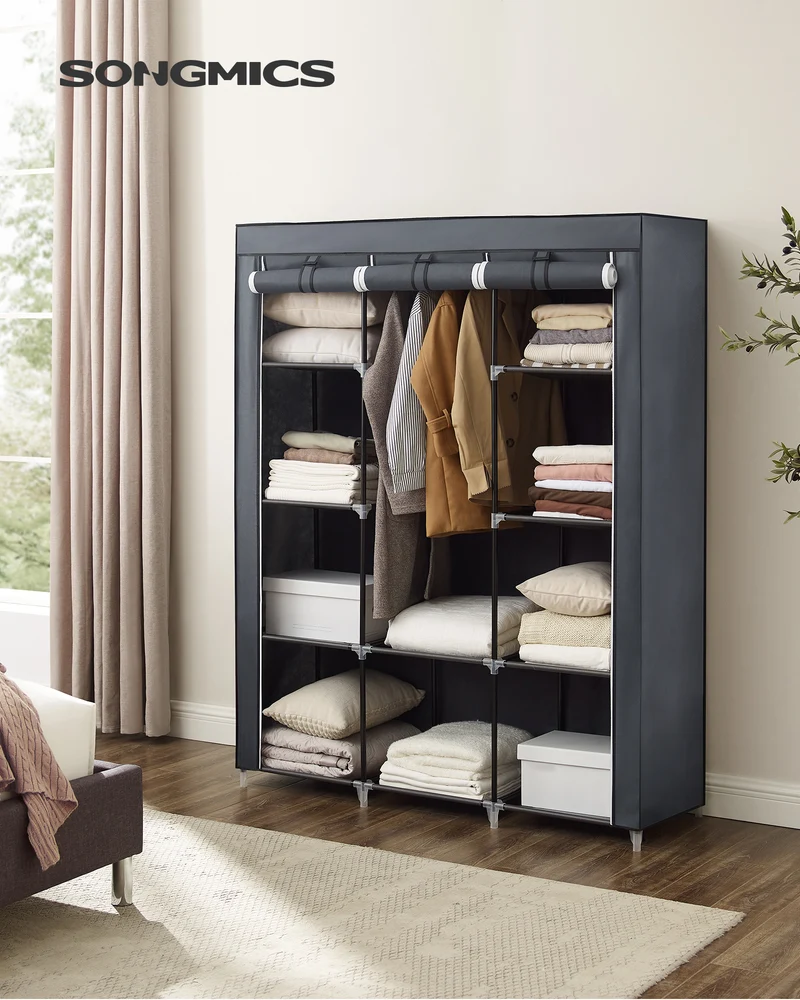 SONGMICS 51' Portable Clothes Closet Wardrobe Storage Organizer with 10 Shelves Quick and Easy to Assemble, Extra Space Grey URYG93G