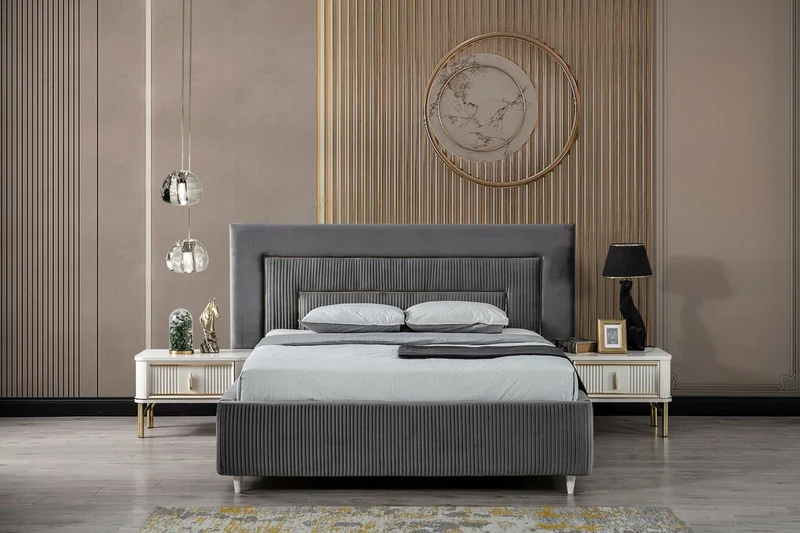 Casa Padrino Luxus Schlafzimmer Set Grau / Weiß / Gold - 1 Doppelbett mit Kopfteil & 2 Nachttische - Schlafzimmer Möbel - Luxus Kollektion