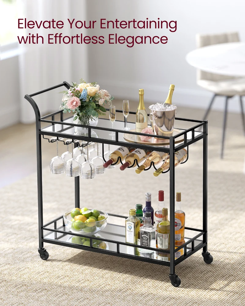 Bar Cart Black, Home Bar Serving Cart, Wine Cart with 2 Mirrored Shelves, Wine Holders, Glass Holders, for Kitchen, Dining Room, Black