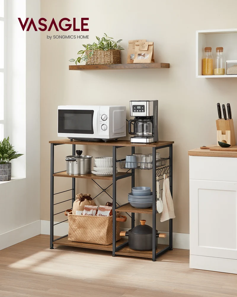 ALINRU Kitchen Baker’s Rack Coffee Bar Microwave Oven Stand 6 Hooks for Mini Oven Rustic Walnut and Black