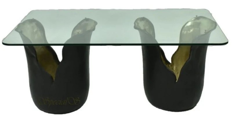 Casa Padrino Designer Couchtisch Schwarz / Gold 120 x 75 x H. 53 cm - Wohnzimmertisch mit Glasplatte - Designermöbel