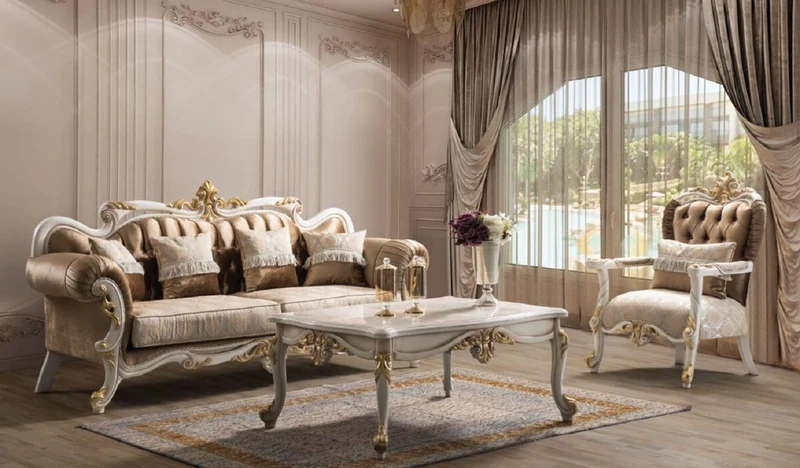Casa Padrino Luxus Barock Couchtisch Beige / Weiß / Gold - Edler Massivholz Wohnzimmertisch im Barockstil - Barock Wohnzimmer Möbel