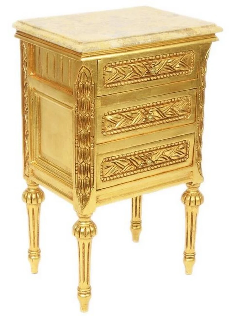 Casa Padrino Barock Beistelltisch mit 3 Schubladen und Marmorplatte Gold / Creme 45 x 55 x H. 75 cm - Barockmöbel