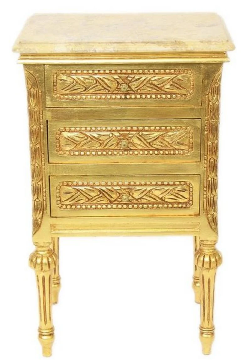 Casa Padrino Barock Beistelltisch mit 3 Schubladen und Marmorplatte Gold / Creme 45 x 55 x H. 75 cm - Barockmöbel