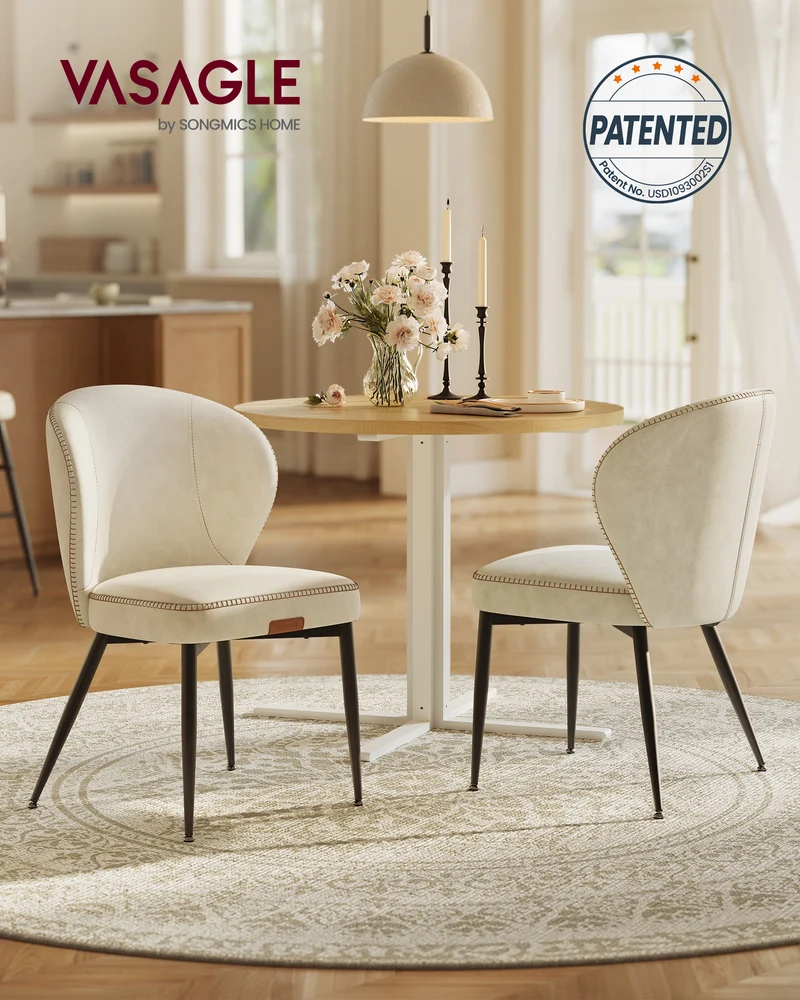 EKHO Mid-Century Modern Dining Chairs, Set of 2 PU Leather Upholstered Seats with Stitched Detailing, Cream White