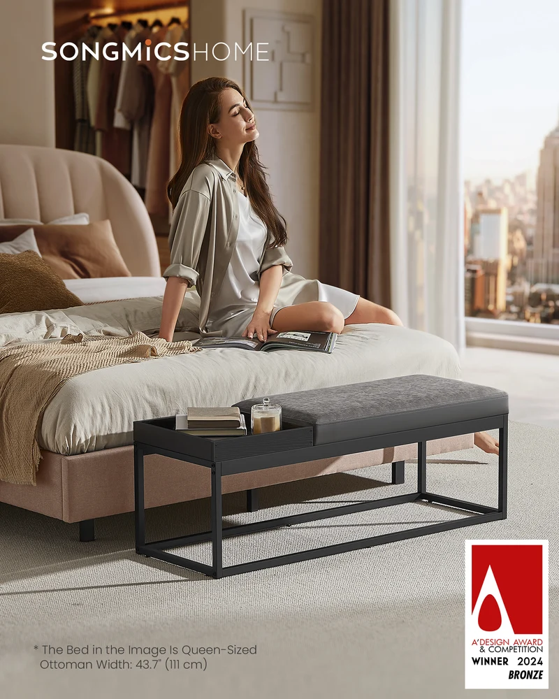SONGMICS HOME LUIZ Collection - Ottoman Bench End of Bed Bench Reversible Top Shoe Bench with Tray Max. Load 660 lb Dove Gray