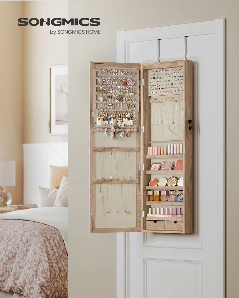 Wall Mount Jewelry Cabinet with LED Lights and Full Mirror, 47.2 Inch Lockable Armoire Organizer with 2 Drawers, Toasted Oak